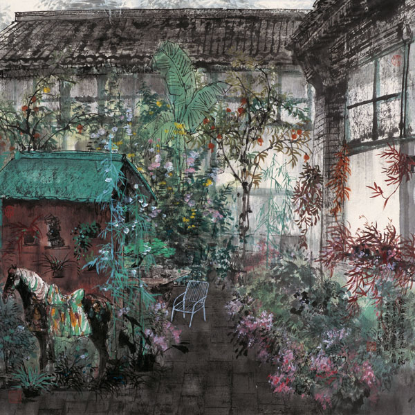 幽居唐马蕉花小院-王明明-68×68cm-2000年