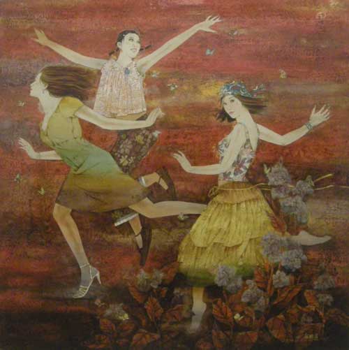 《轻舞飞扬》160cm×160cm--获厦门2005\中国漆画展银奖(最高奖)入选第三届北京国际美术双年展