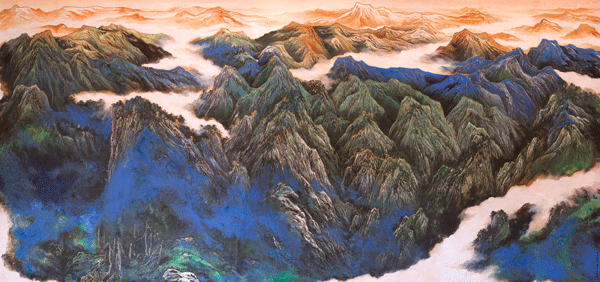 云端横秦岭-1000cm×2000cm-2010年-设色纸本(为大明宫国家遗址公园--丹凤门绘制)